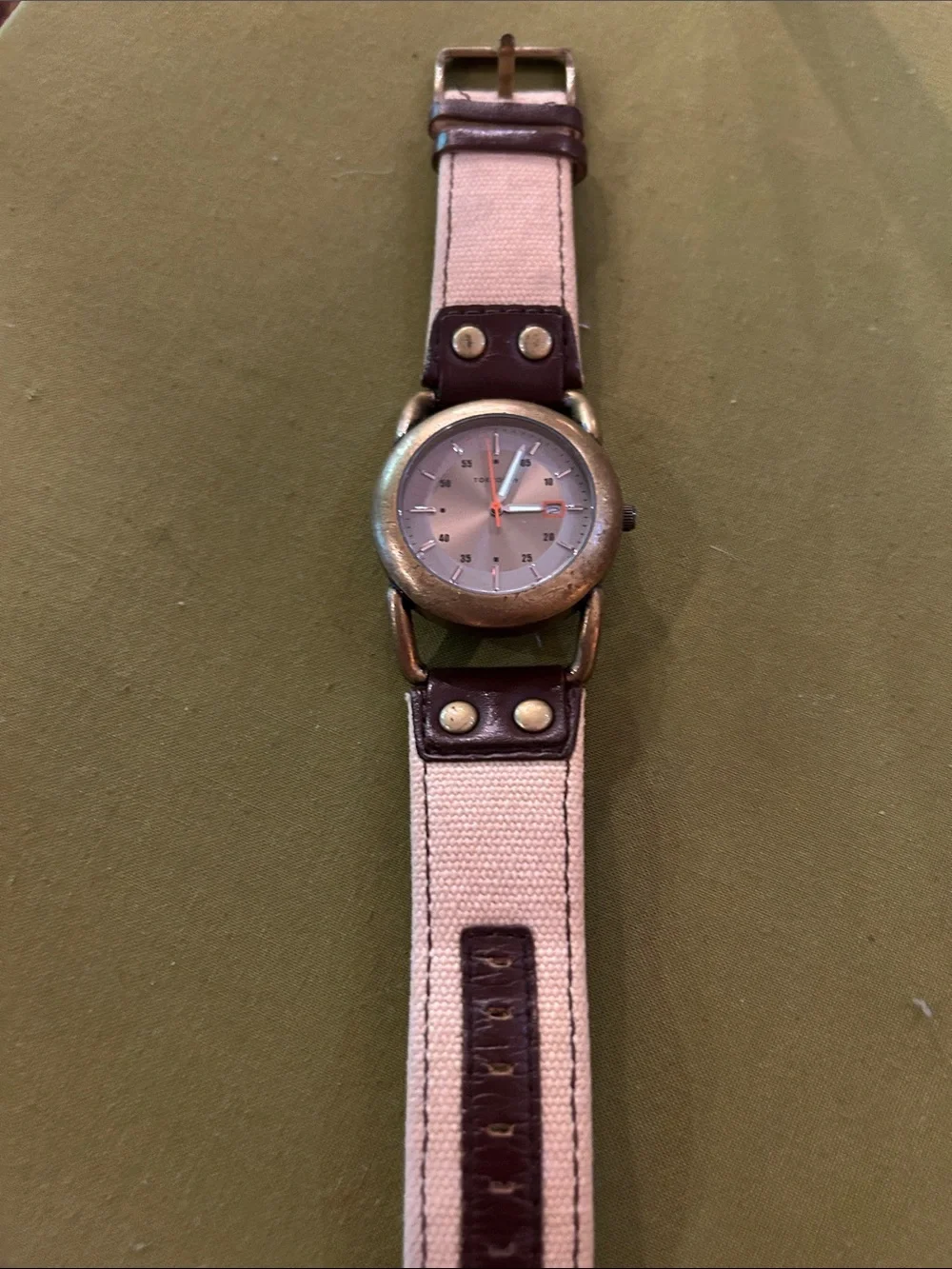 TOKYObay Beige Canvas Strap Watch with Brown Leather Accents